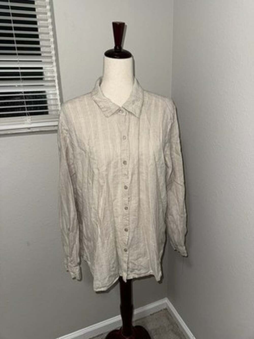 ORVIS Women Linen Rayon Stripe Button Down Shirt XXL Beige Long Sleeve Coastal
